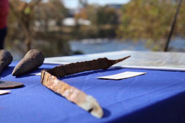 A Confederate sword blade at a press conference celebrating the early completion of the Congaree River cleanup in Columbia, S.C., on Nov. 13, 2023. (James Pollard/AP Photo)