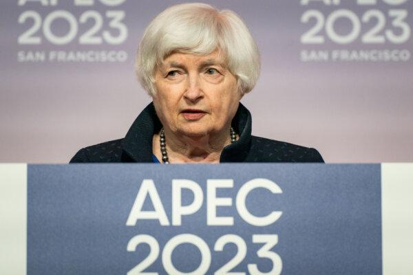 Treasury Secretary Janet Yellen delivers remarks at a news conference following the conclusion of the Asia-Pacific Economic Cooperation (APEC) finance ministers' meeting at Moscone Center in San Francisco, Calif., on Nov. 13, 2023. (Kent Nishimura/Getty Images)
