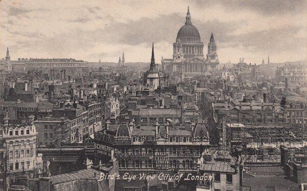 This "Bird's Eye View City of London" postcard shows how the city center looked around 1905, when Sir Christopher Wren's St. Paul's Cathedral still dominated the skyline. The photograph was taken from the spire of Wren's St. Bride's Church, and shows many of the steeples that signpost Wren's creations. (Pelletthepoet/<a href="https://commons.wikimedia.org/wiki/File:Bird%27s_Eye_View_City_of_London_(c.1905)_(24028481238).jpg">CC BY 2.0 DEED</a>)