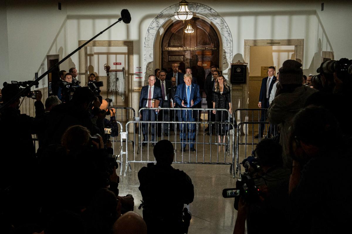  Former President Donald Trump speaks to the media after testifying in his civil fraud trial at the New York State Supreme Court in New York City on Nov. 6, 2023. (ADAM GRAY/AFP via Getty Images)