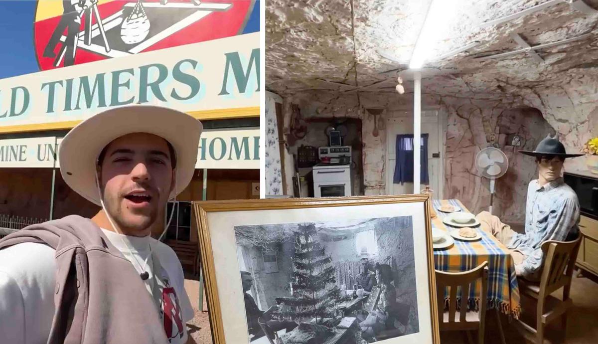 (Left) Mr. Morris visits Old Timers Mine; (Right) A former mining family's abode in Old Timers Mine; (Inset) A family photo showing Christmas in 1968. (Courtesy of Ben Morris YouTube Channel)
