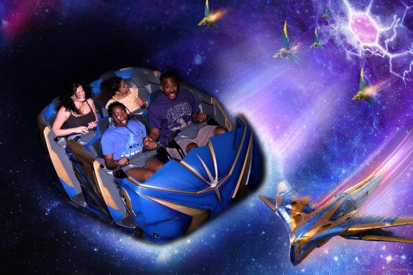 Nick Williams and his daughter, Layla, front left, clasped hands on Guardians of the Galaxy: Cosmic Rewind. (Provided by Nick Williams/Minneapolis Star Tribune/TNS)