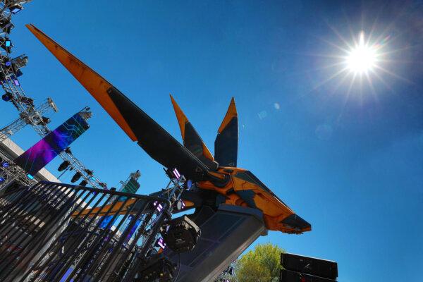 The Xandarian Nova Corps starship at the entrance to the Guardians of the Galaxy: Cosmic Rewind roller coaster during a private preview event at Epcot at Walt Disney World, Thursday, May 5, 2022. (Joe Burbank/Orlando Sentinel/TNS)