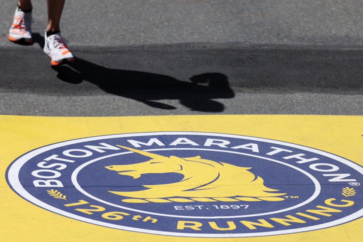 A detailed view of the Boston Marathon finish line during the 126th Boston Marathon on April 18, 2022 in Boston, Massachusetts. (Omar Rawlings/Getty Images)