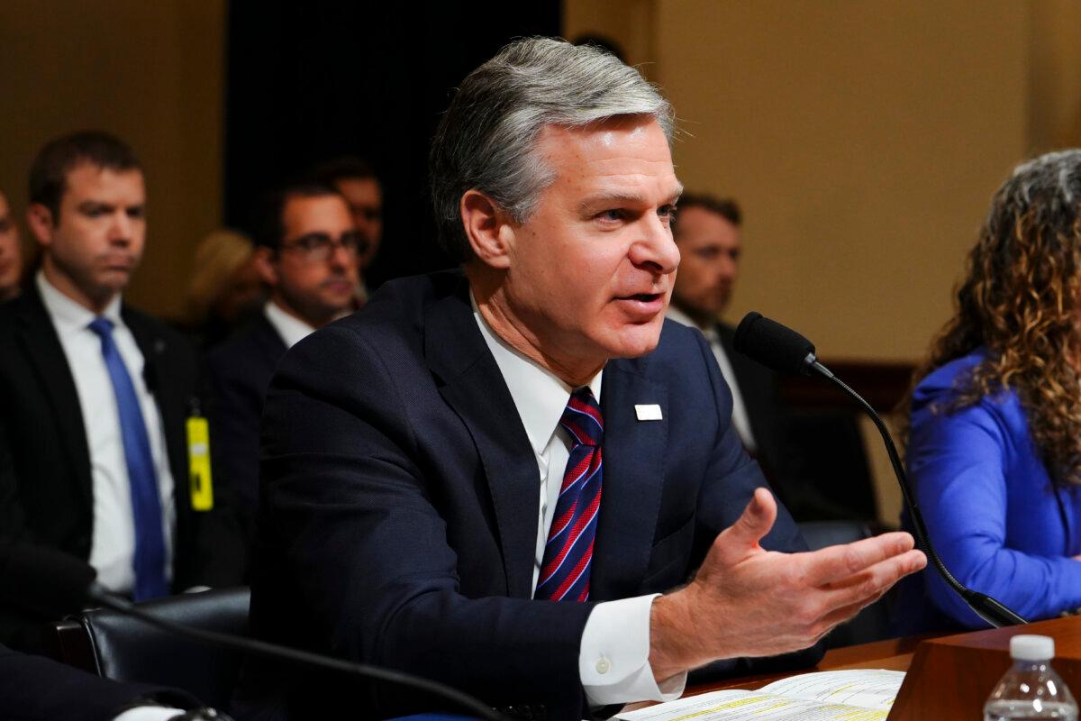 Director of the FBI Christopher Wray testifies before the House Homeland Security Committee in Washington on Nov. 15, 2023. (Madalina Vasiliu/The Epoch Times)