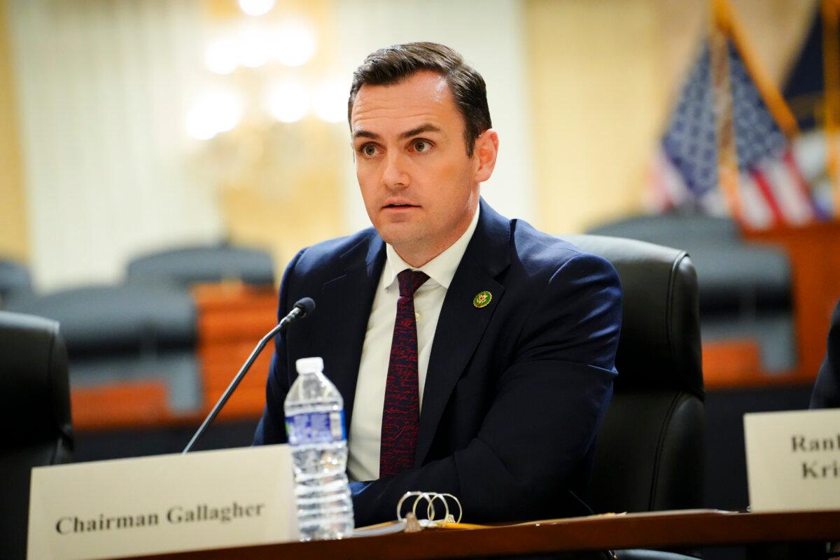 Chairman of the Select Committee on the Chinese Communist Party (CCP), Rep. Mike Gallagher (R-Wis.), speaks during a press conference unveiling the results of the Committee’s investigation into the biolab discovered in Reedley, Calif., in Washington on Nov. 15, 2023. (Madalina Vasiliu/The Epoch Times)