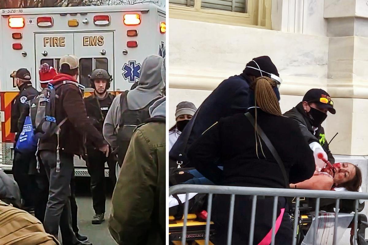 (Left) Then-DEA Special Agent Mark Ibrahim witnessed Ashli Babbitt being rushed from the Capitol after being shot on Jan. 6, 2021. "They just killed this poor lady," he said. (Right) Paramedics from the D.C. Fire and EMS Department perform CPR on protester Ashli Babbitt, who was shot by police near the Speaker's Lobby on Jan. 6, 2021. (Capitol Punishment/Bark at the Hole Productions, Steve Baker/Special to The Epoch Times)