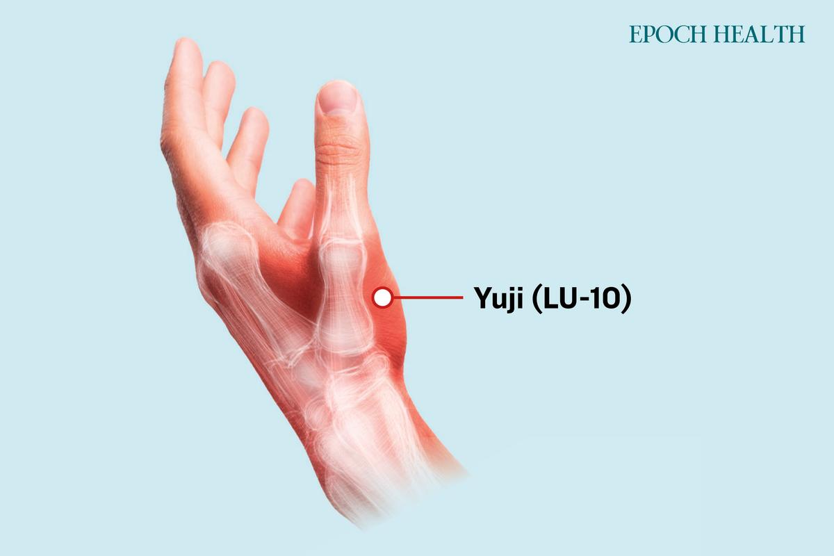Gently tapping on the Yuji acupoint on both hands can promote urination and dispel dampness. (The Epoch Times)