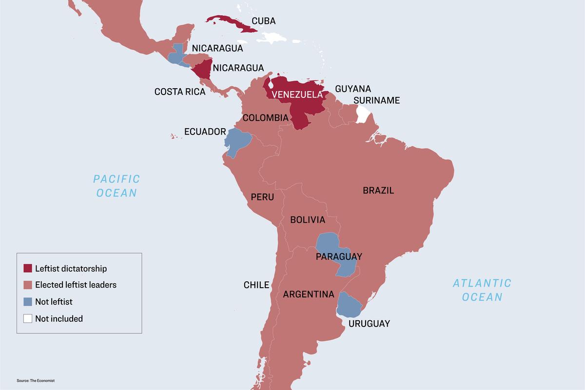  A map depicts the political leanings of governments in Latin America. (The Epoch Times)