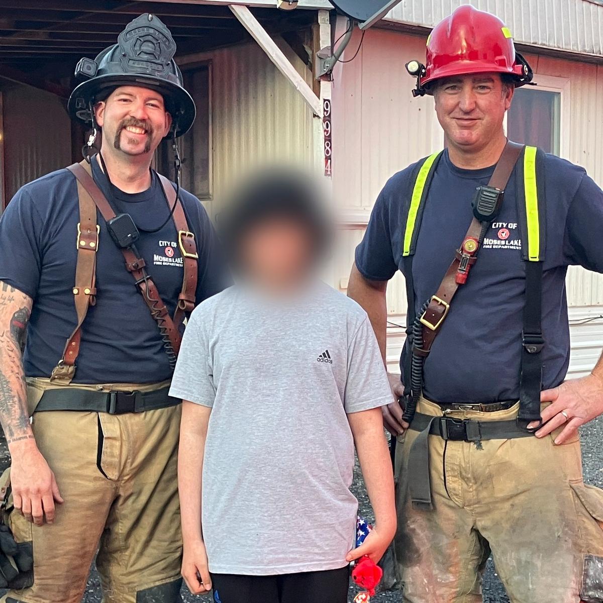 Isaac Rodriguez (middle) with Moses Lake firefighters. (Courtesy of Moses Lake Fire Department)