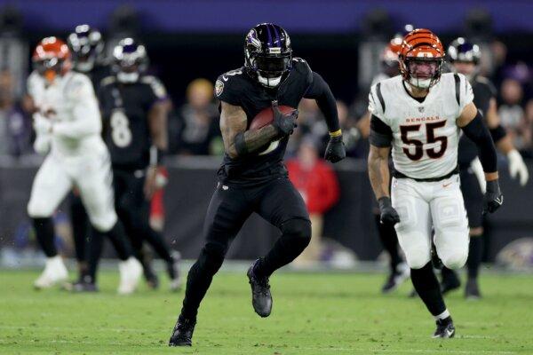 Odell Beckham Jr. (3) of the Baltimore Ravens runs with the ball against the Cincinnati Bengals during the second quarter of the game in Baltimore on Nov. 16, 2023. (Patrick Smith/Getty Images)