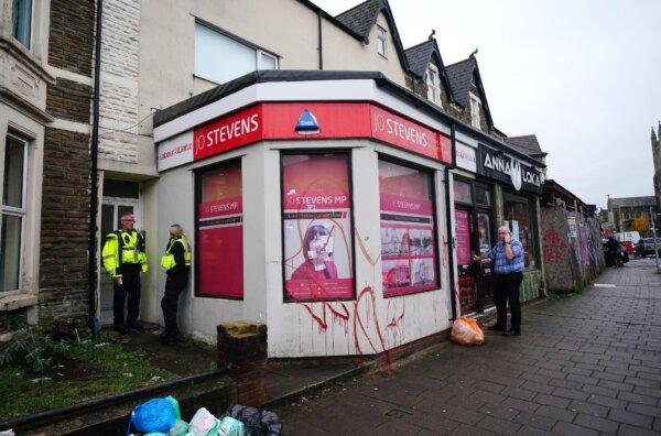 The vandalised constituency office of Labour MP Jo Stevens in Albany Road, Cardiff, on Nov. 17, 2023. (Ben Birchall/PA)