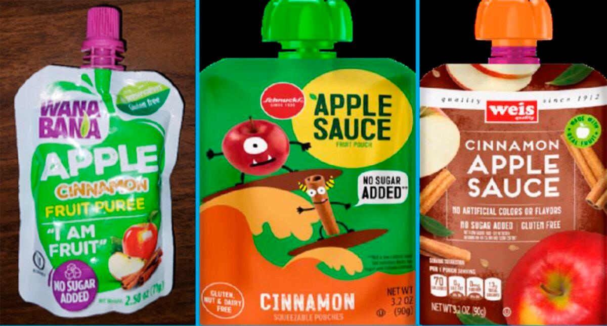 Three recalled applesauce products—WanaBana apple cinnamon fruit puree pouches, Schnucks-brand cinnamon-flavored applesauce pouches and variety pack, and Weis-brand cinnamon applesauce pouches. (FDA via AP)