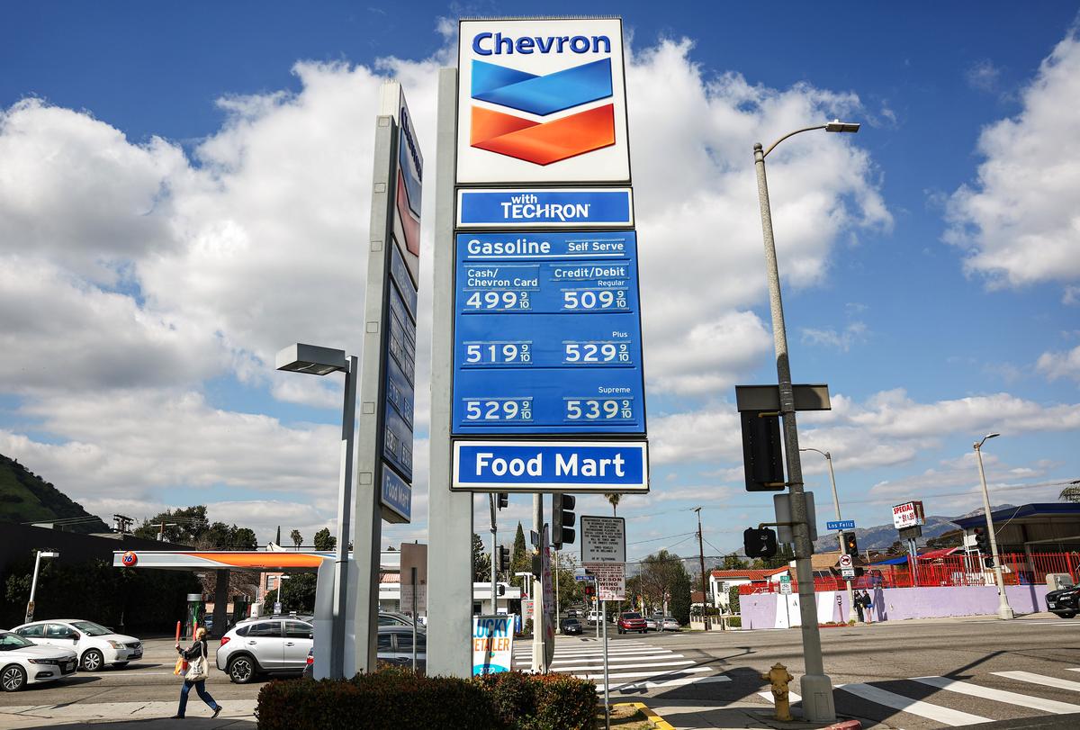Gas prices are displayed at a Chevron gas station in Los Angeles, on Feb. 13, 2023. (Mario Tama/Getty Images)