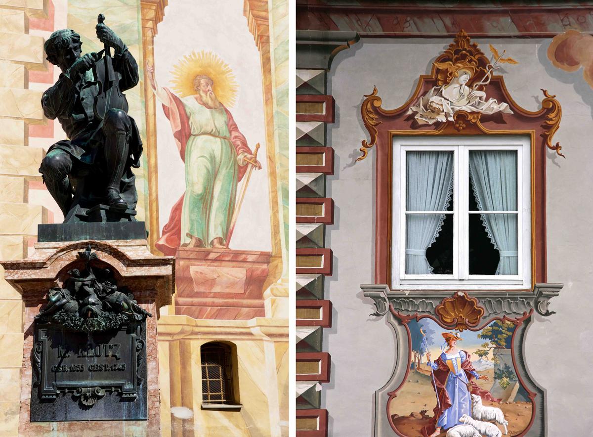 Left: A statue of violin maker Mathias Klotz before a fresco painting on the Parish Church of St. Peter and Paul in Mittenwald, Germany; (Dmitry Chulov/Shutterstock); Right: Examples of Trompe-l’œil fresco painting in Mittenwald, Germany. (Tupungato/Shutterstock)