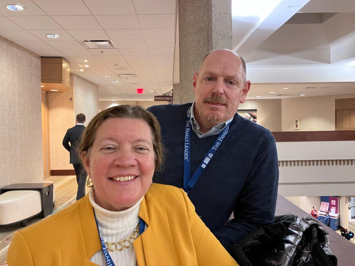 Karen Dean, 56, and her husband, Alan, 57, of Red Oak, Iowa, attend the 2023 Presidential Thanksgiving Family Forum sponsored by the Family Leader Foundation in Des Moines, Iowa, on Nov. 17, 2023. (Janice Hisle/The Epoch Times)