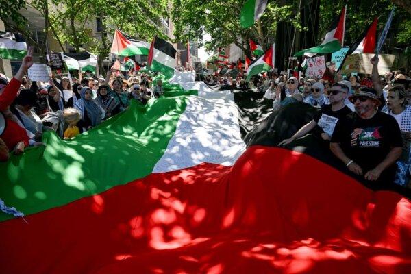 People march with flags and placards during a pro-Palestinian rally in Sydney on Nov. 19, 2023. (Saeed Khan/AFP via Getty Images)
