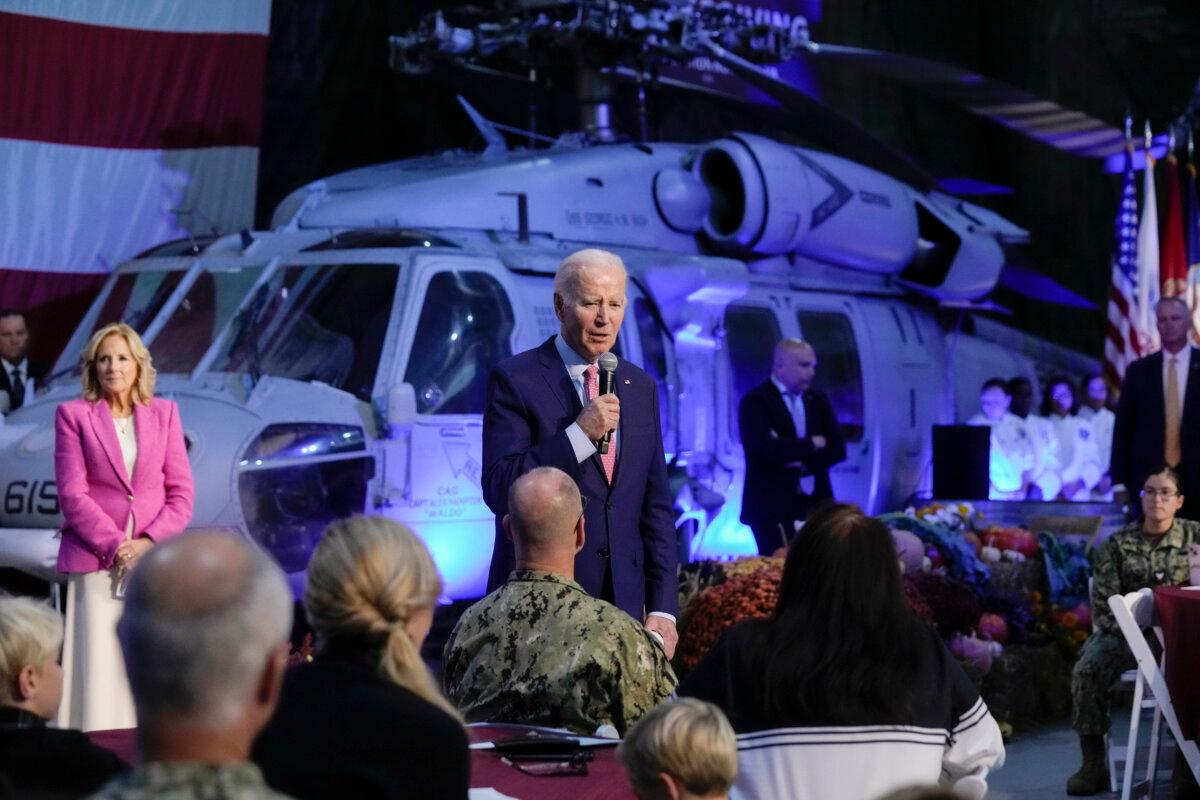 President Joe Biden speaks with service members and their relatives at the Norfolk Naval Station in Norfolk, Va., on Nov. 19, 2023. (Manuel Balce Ceneta/AP Photo)