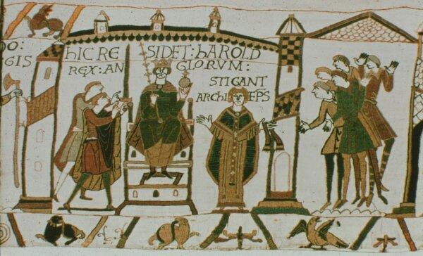 The coronation of Harold Godwinson, from the Bayeux Tapestry. (Daniel R. Blume/ CC BY-SA 2.0)