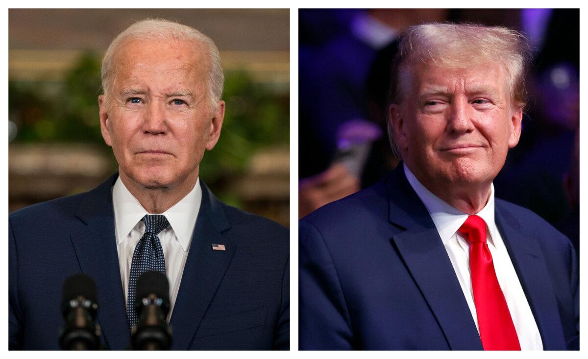 (Left) President Joe Biden delivers remarks at a news conference at the Filoli Estate in Woodside, Calif., on Nov. 15, 2023. (Kent Nishimura/Getty Images); (Right) Former President Donald Trump attends the UFC 295 event at Madison Square Garden in New York City on Nov. 11, 2023. (Sarah Stier/Getty Images)