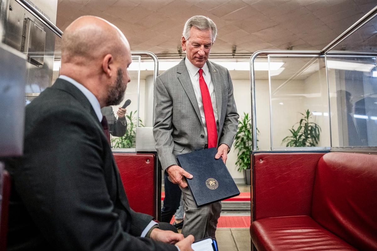 Sen. Tommy Tuberville (R-Ala.) boards a Senate subway car after speaking to reporters at the U.S. Capitol in Washington on July 10, 2023. (Drew Angerer/Getty Images)