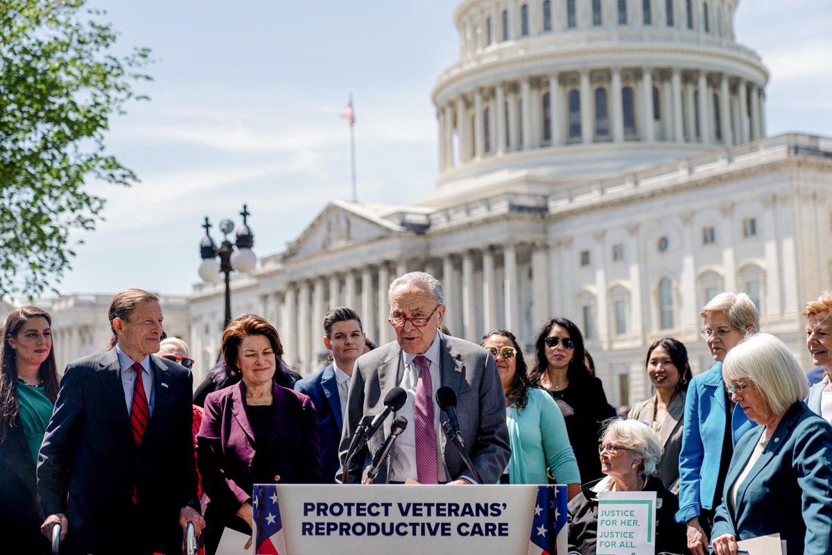  Senate Majority Leader Chuck Schumer (D-N.Y.) speaks during a news conference on pro-abortion policies for military personnel on Capitol Hill in Washington on April 19, 2023. (STEFANI REYNOLDS/AFP via Getty Images)