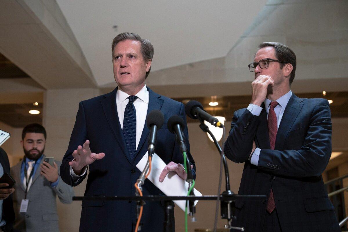(L-R) House Intelligence Committee Chairman Rep. Mike Turner (R-Ohio) and committee ranking member Rep. Jim Himes (D-Conn.) speak to reporters after meeting with former Justice Department Special Counsel John Durham in a closed door hearing with the House Permanent Select Committee on Intelligence at the U.S. Capitol Building in Washington on June 20, 2023. (Drew Angerer/Getty Images)