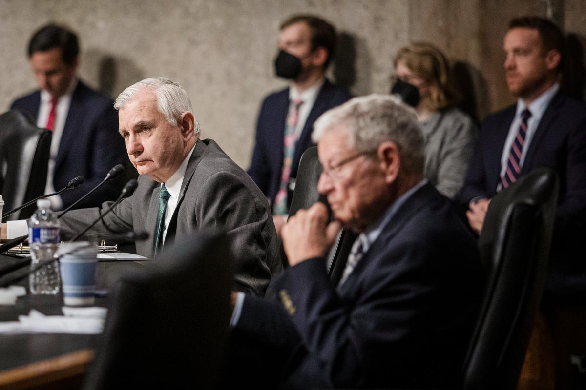 Committee Chair Sen. Jack Reed (D-R.I) looks on during a Senate Armed Services Committee hearing at the U.S. Capitol in Washington on May 5, 2022. (Tom Brenner/Getty Images)