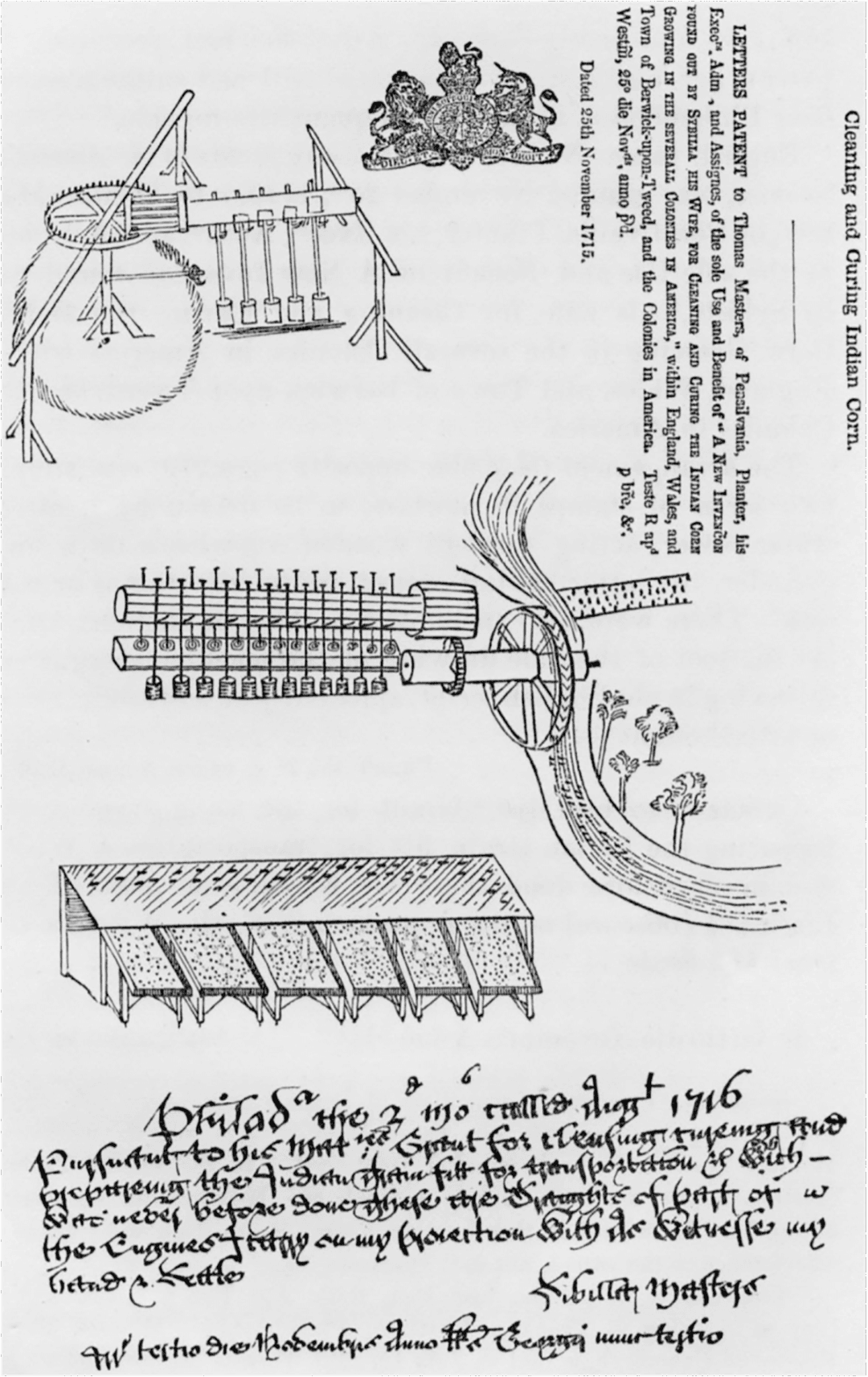 Sybilla Masters patent for cleaning and curing corn, Nov. 25, 1715. (Public Domain)