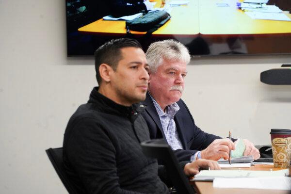 Orange County legislators Kevin Hines (R) and Kevindaryán Luján at a special investigative committee meeting in Goshen, N.Y., on Nov. 21, 2023. (Cara Ding/The Epoch Times)