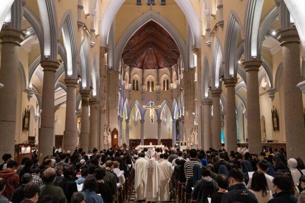 A requiem mass is held for the late Pope Emeritus Benedict XVI in Hong Kong Catholic Cathedral of the Immaculate Conception in Hong Kong on January 04, 2023. (Anthony Kwan/Getty Images)