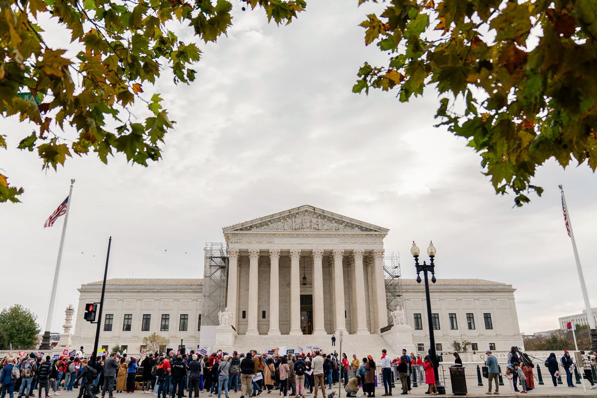 Gun safety and domestic violence prevention organizations gather outside the Supreme Court before oral arguments are heard in United States v. Rahimi, in Washington on Nov. 7, 2023. (AP Photo/Stephanie Scarbrough)