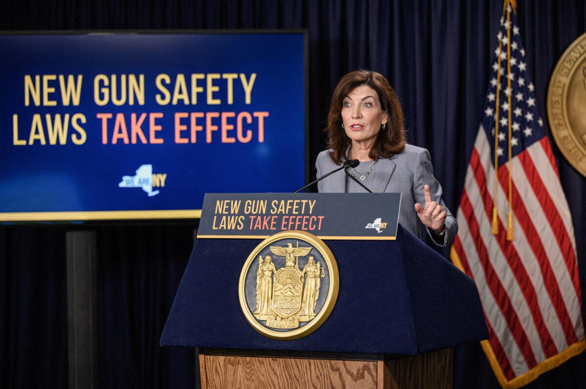 New York Governor Kathy Hochul announces new concealed carry gun regulations at a press conference in New York City on Aug. 31, 2022. (Ed Jones/AFP via Getty Images)