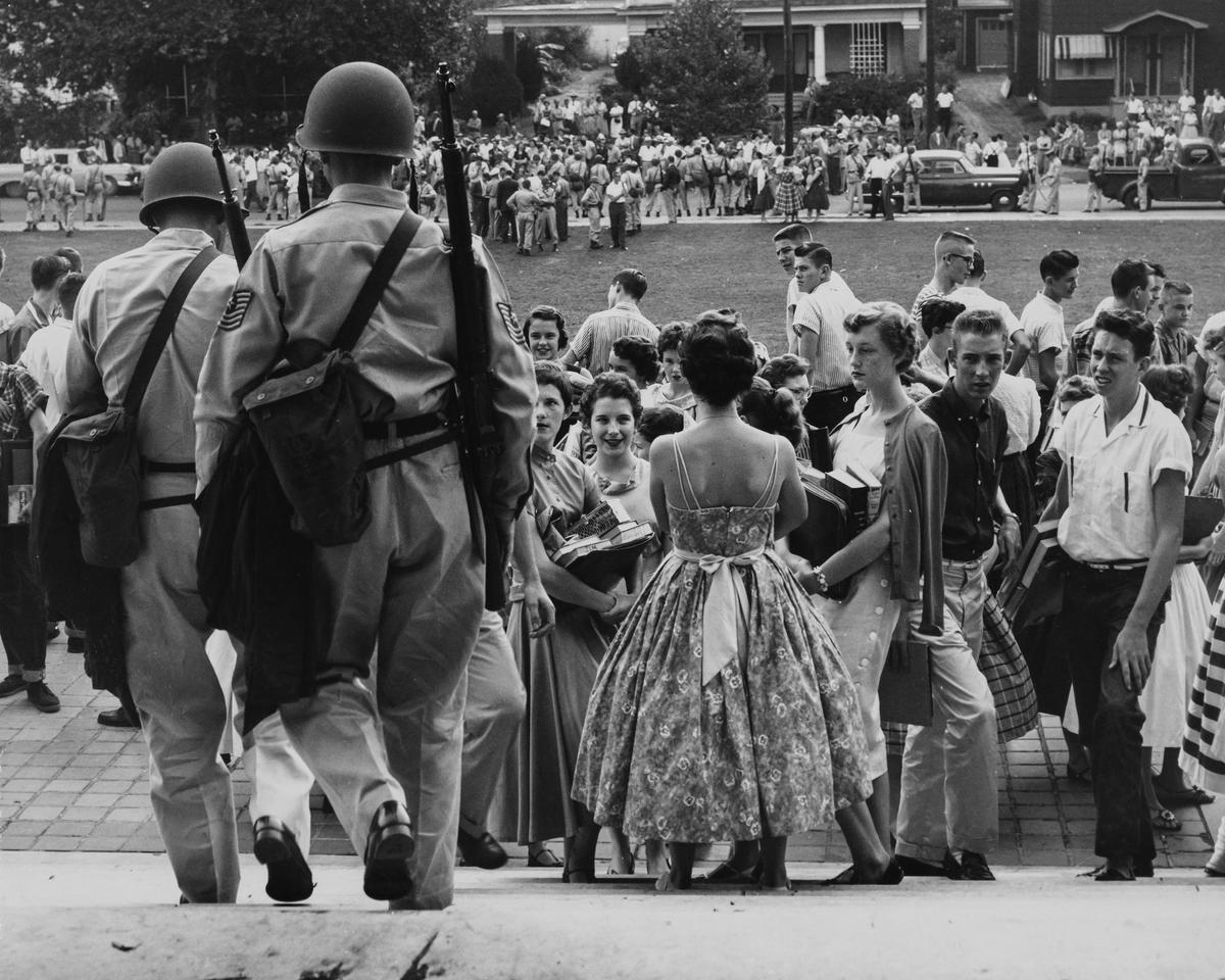 The Arkansas National Guard prepares to prevent African American students from entering Little Rock Central High School in Little Rock, Arkansas, in 1957 after Gov. Orval Faubus defied a decree by the U.S. Supreme Court and refused to allow desegregation of the school. (FPG/Archive Photos/Getty Images)