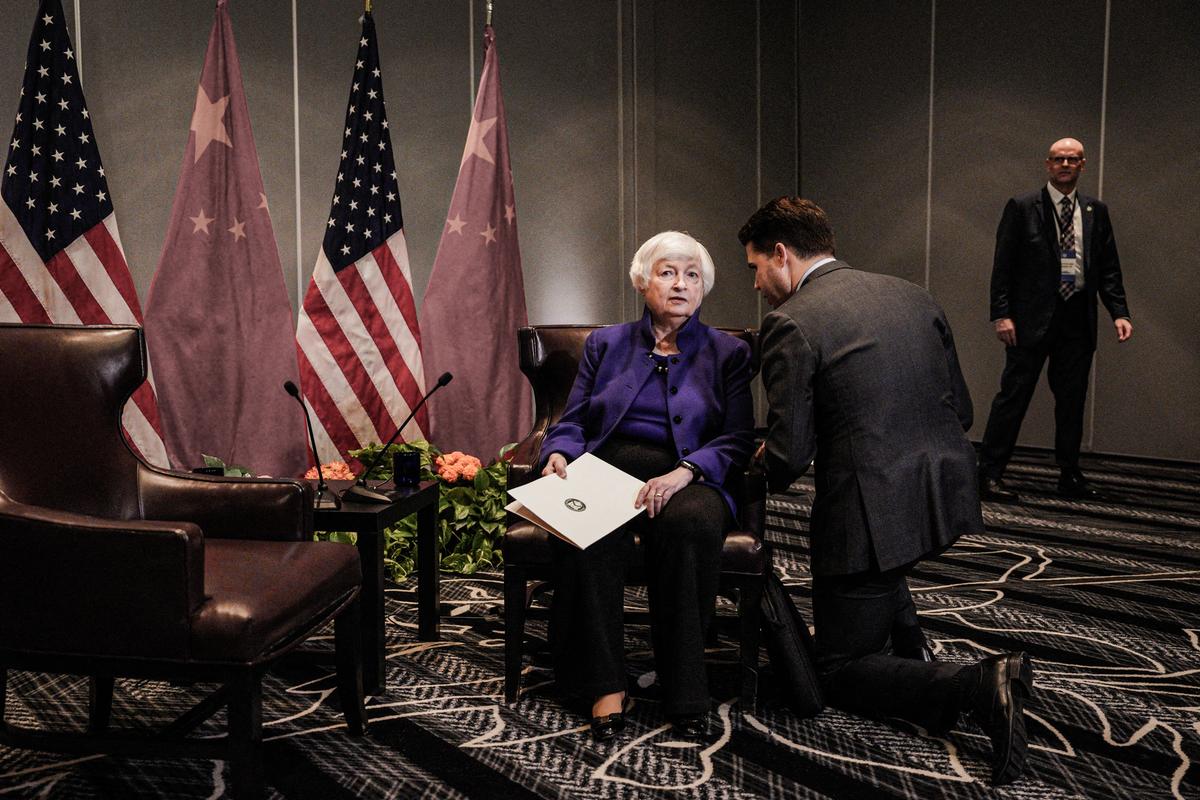 US Treasury Secretary Janet Yellen waits to meet China's Vice Premier He Lifeng at the start of the second day of their two-day meeting ahead of the Asia-Pacific Economic Cooperation (APEC), in San Francisco, California, on November 10, 2023. (LOREN ELLIOTT/AFP via Getty Images)