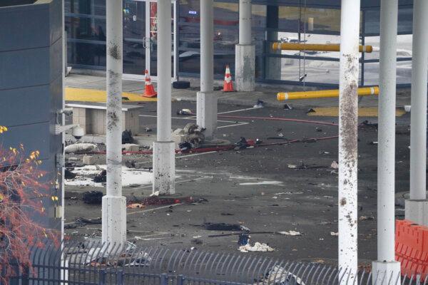 Debris is scattered about inside the customs plaza at the Rainbow Bridge border crossing in Niagara Falls, N.Y., on Nov. 22, 2023. (Derek Gee/The Buffalo News via AP)