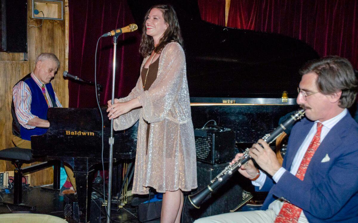 The Gotham City Band performs at Zinc Bar in Greenwich Village with Kimberly Hawkey (C) on vocals, bandleader Terry Waldo (L) on piano, and Rickey Alexander on clarinet. (Dave Paone)