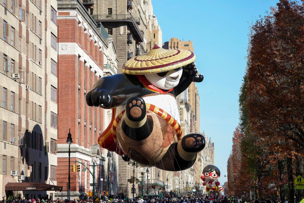 Kung Fu Panda's Po balloon floats along Central Park West during the Macy's Thanksgiving Day parade in New York on Nov. 23, 2023. (Jeenah Moon/AP Photo)