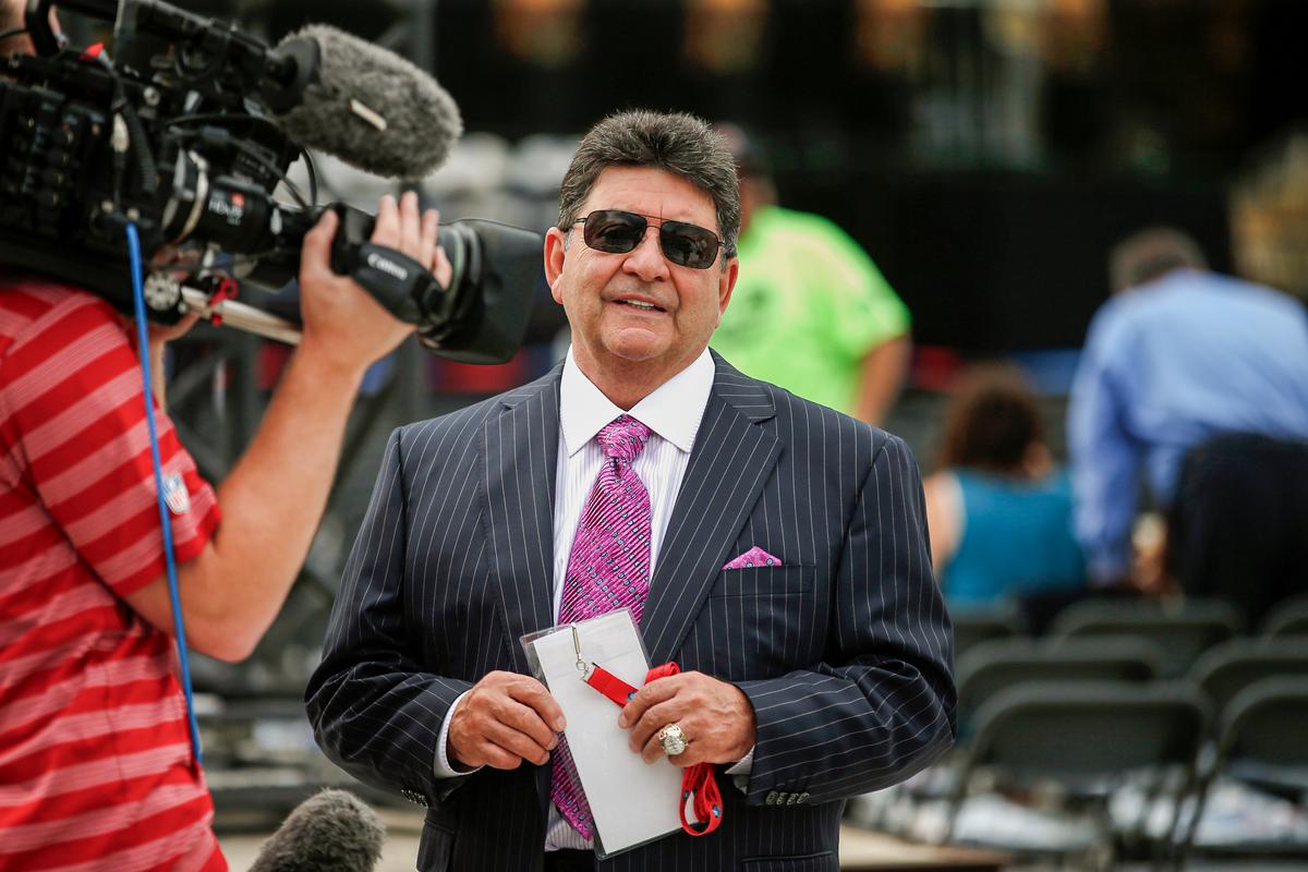 Former owner of the San Francisco 49ers Edward DeBartolo Jr. is interviewed before the Pro Football Hall of Fame ceremony in Canton, Ohio, on Aug. 8, 2015. (Gene Puskar/AP Photo)