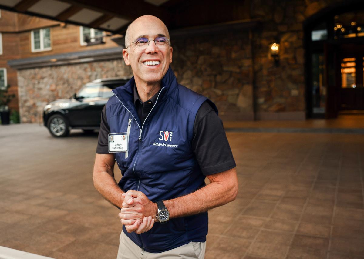 Producer Jeffrey Katzenberg speaks to the media at the Sun Valley Conference in Sun Valley, Idaho, on July 7, 2021. (Kevin Dietsch/Getty Images)