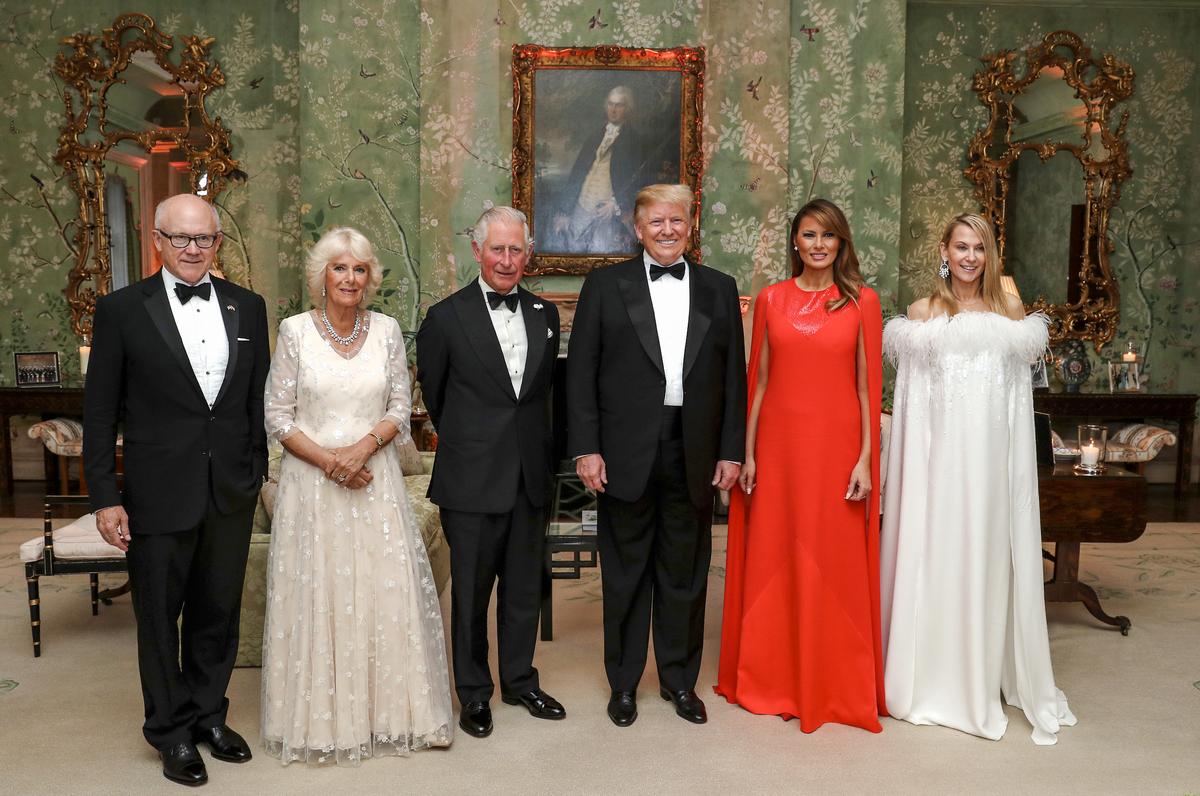 President Donald Trump and First Lady Melania Trump host a dinner for Prince Charles, Prince of Wales, and Camilla, Duchess of Cornwall, with U.S. Ambassador to the UK Woody Johnson (L) and his wife, Suzanne Ircha (R), in London on June 4, 2019. (Chris Jackson - WPA Pool/Getty Images)