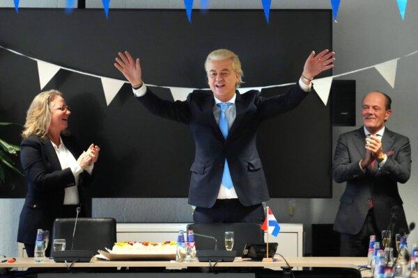Geert Wilders, leader of the Dutch Freedom Party, celebrates in his party office after the victory on Nov. 22, 2023. (Carl Court/Getty Images)