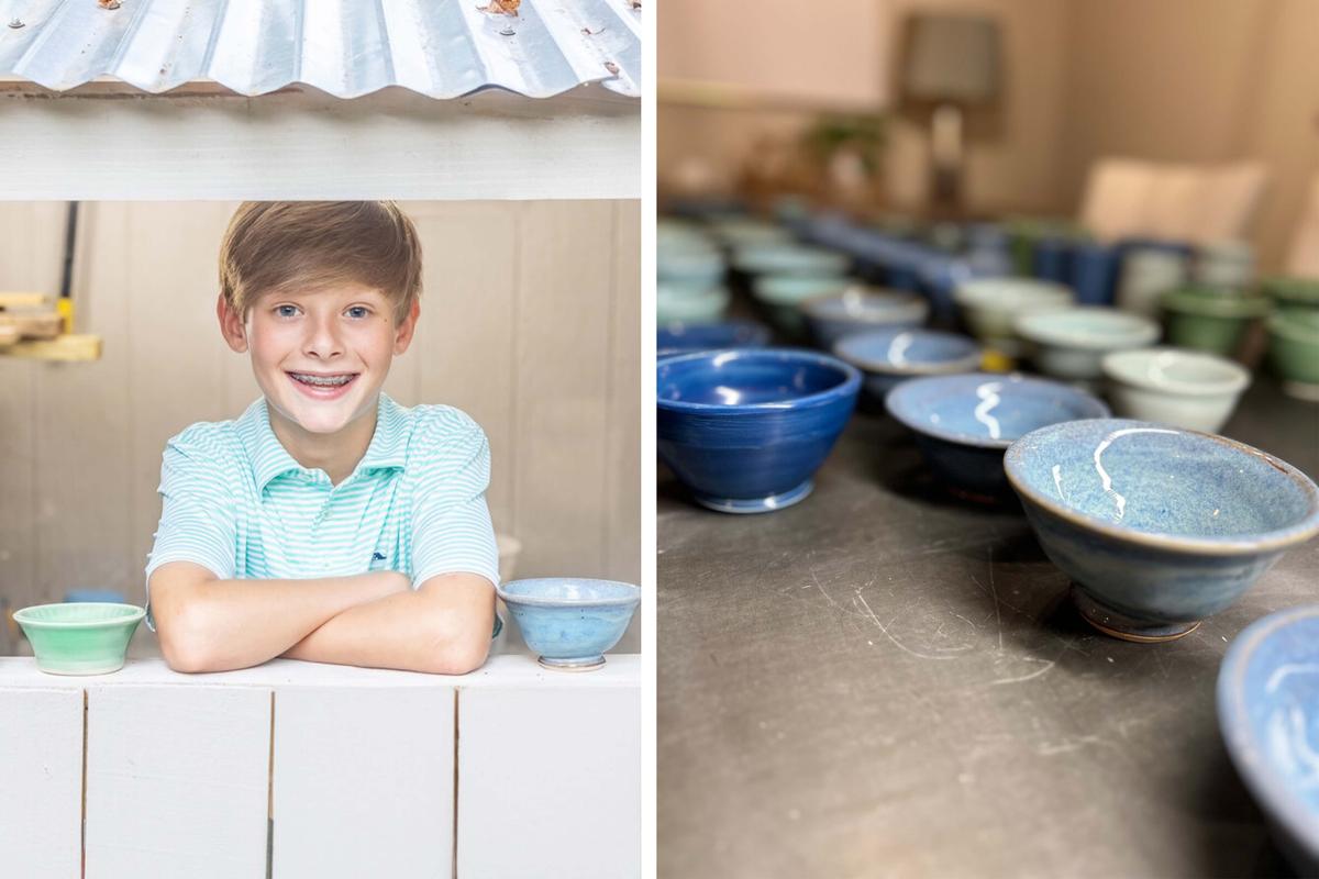William Knox, 12, and his hand-spun pottery. (Courtesy of William Knox Pottery)
