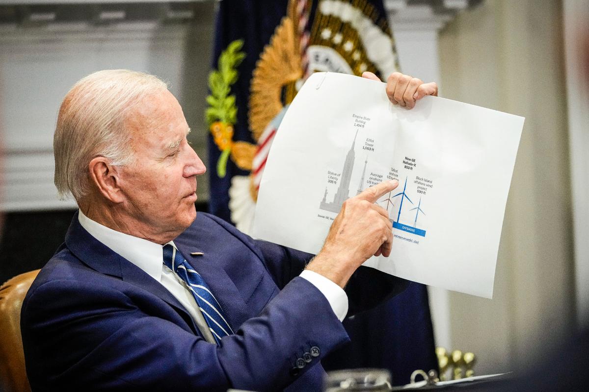President Joe Biden points to a wind turbine size comparison chart during a meeting about the Federal-State Offshore Wind Implementation Partnership at the White House on June 23, 2022.(Drew Angerer/Getty Images)