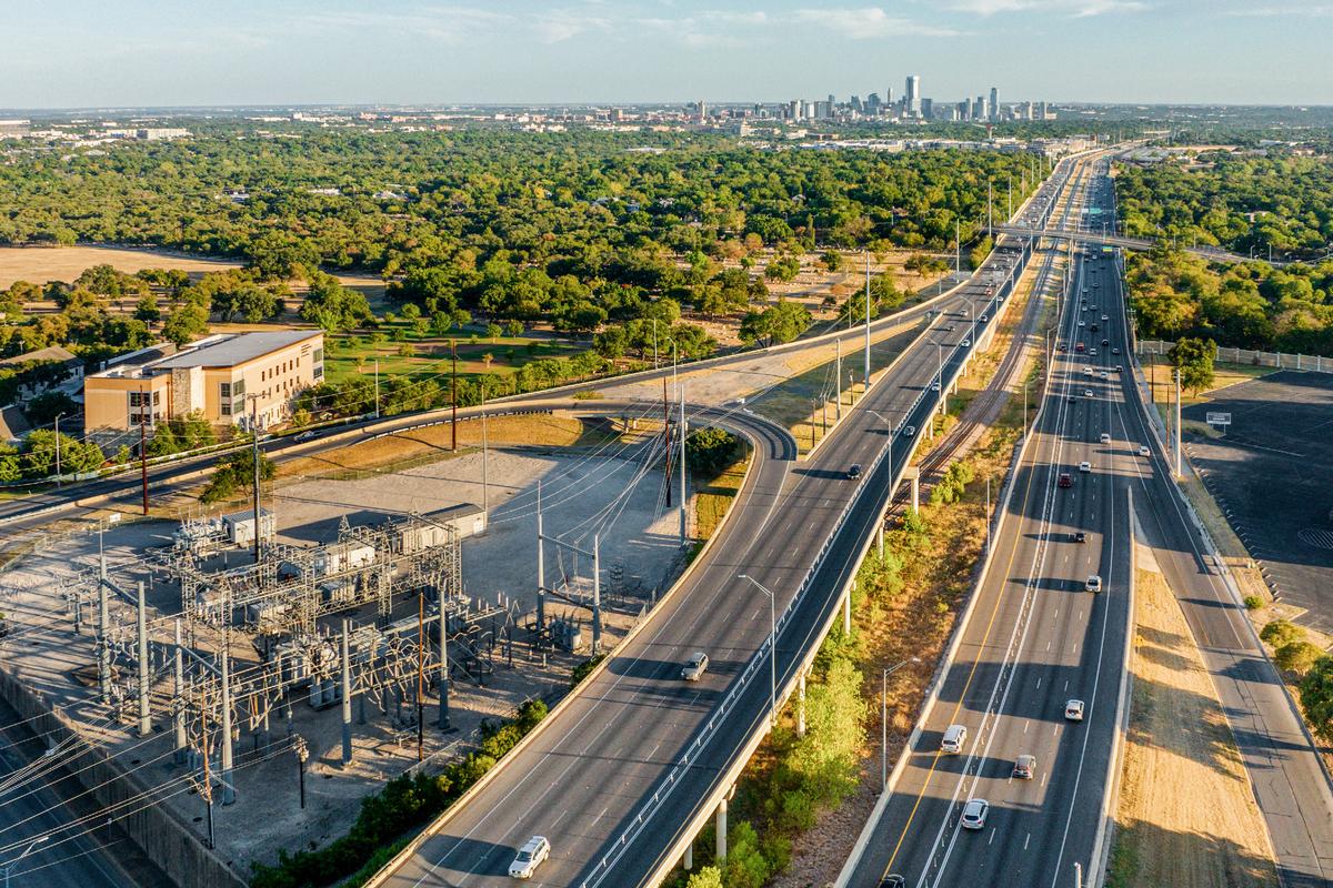 An aerial view of a substation next to a freeway overpass in Austin, Texas, on Aug. 18, 2023. (Brandon Bell/Getty Images)