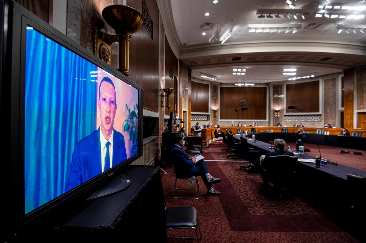  Facebook CEO Mark Zuckerberg testifies remotely during a Senate Judiciary Committee hearing on "Censorship, Suppression, and the 2020 Election," in Washington on Nov. 17, 2020. (Bill Clark-Pool/Getty Images)