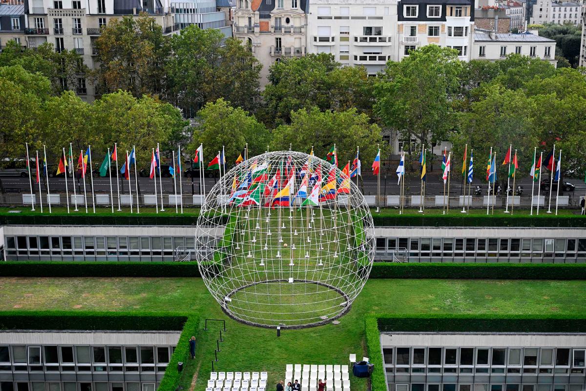  An aerial view of a sculpture at the UNESCO headquarters in Paris on July 25, 2023. President Joe Biden rejoined the United States into UNESCO after President Donald Trump exited the agency in 2018. (BERTRAND GUAY/AFP via Getty Images)