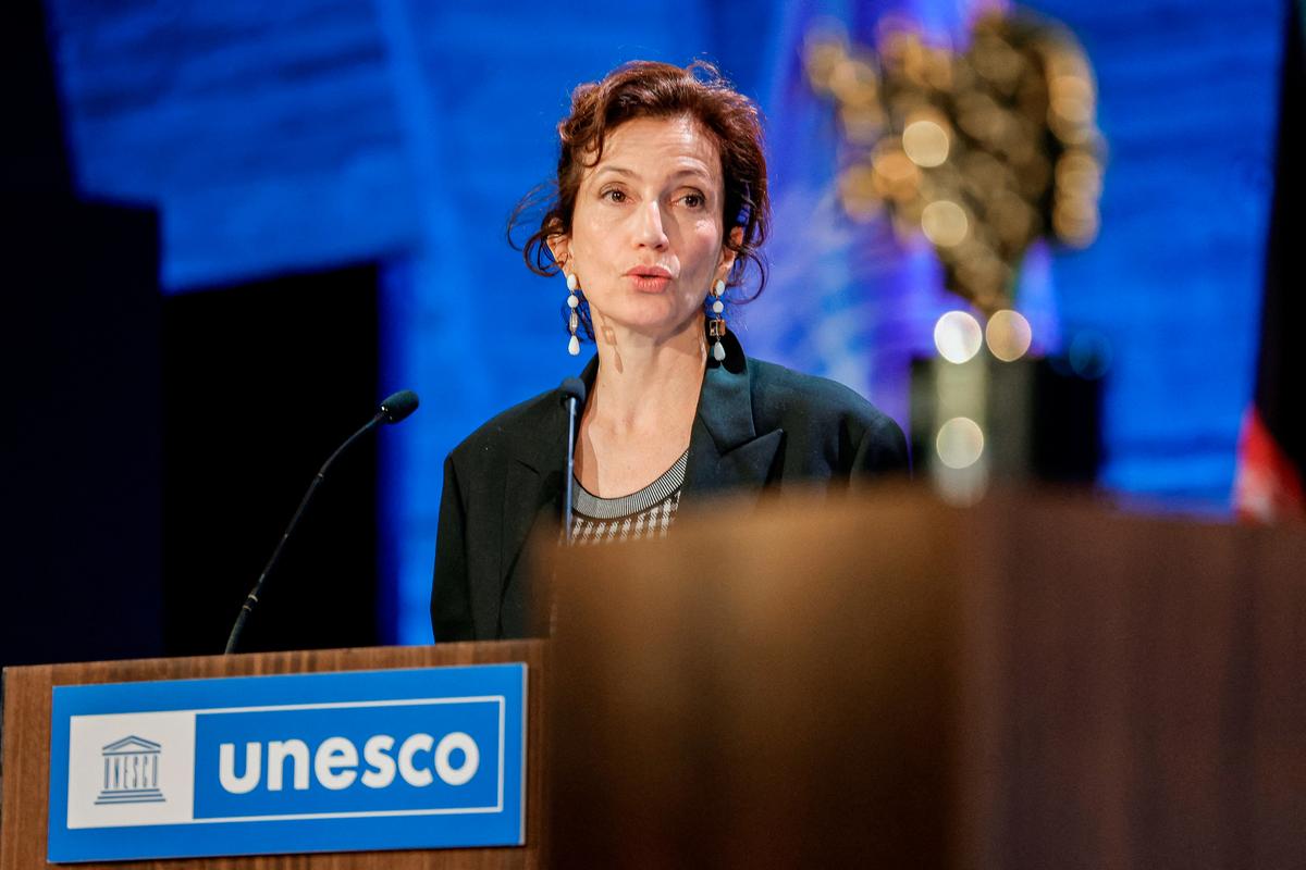  UNESCO Director-General Audrey Azoulay makes a speech at the UNESCO headquarters in Paris on Nov. 8, 2023. (GEOFFROY VAN DER HASSELT/AFP via Getty Images)