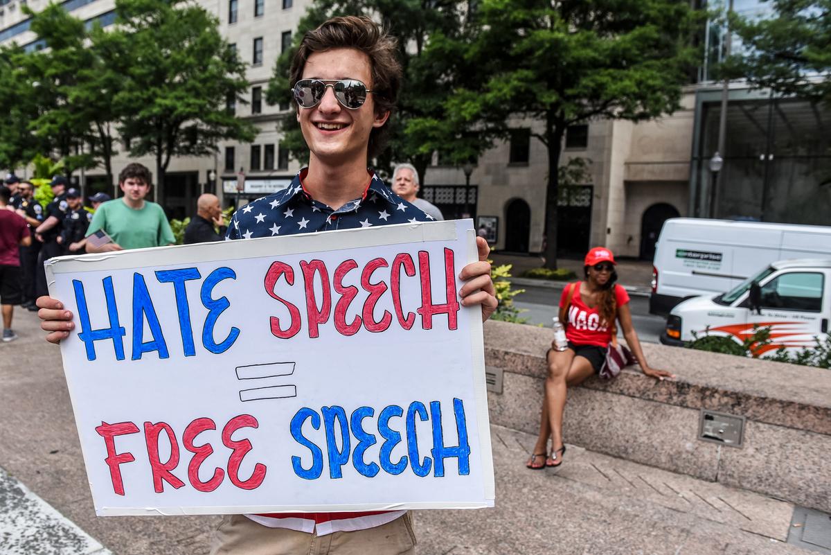  People participate in a "Demand Free Speech" rally at Freedom Plaza in Washington on July 6, 2019. The demonstrators are calling for an end to censorship by social media companies. (Stephanie Keith/Getty Images)
