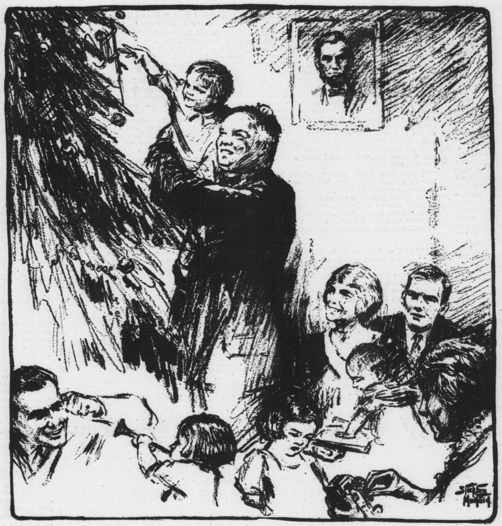 An illustration of "Christmas at the Hoovers'" from The Sunday Star Magazine, Dec. 22, 1929, by Stockdon Mulford. Library of Congress. (Public Domain)